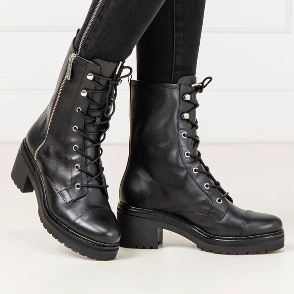 Michael Kors Anaka Black Leather Combat Platform Boots with Chrome MK - Picture 1 of 12